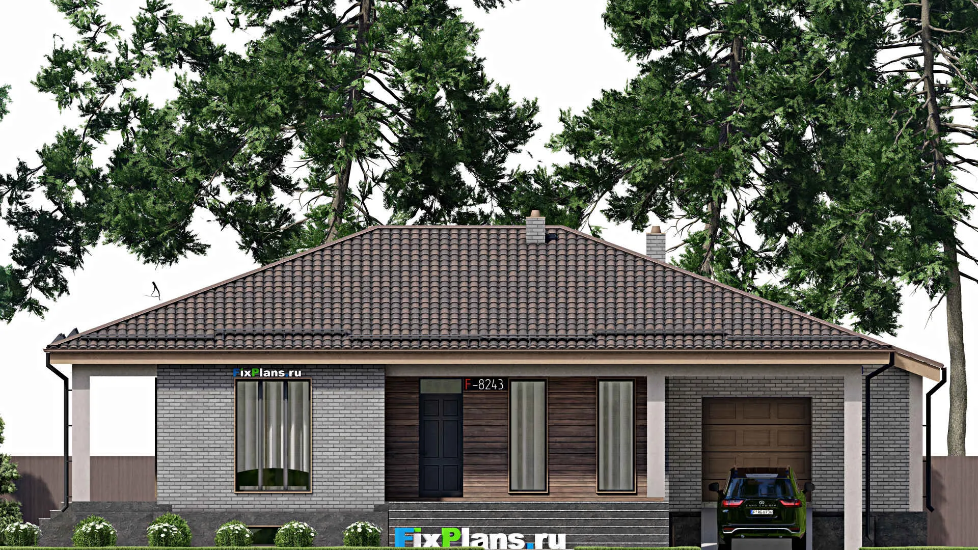 F-8243 - План одноэтажного дома 14 на 20, площадью 290 м² с террасой, цокольным этажом, гаражом на 1 машину и 3 спальнями