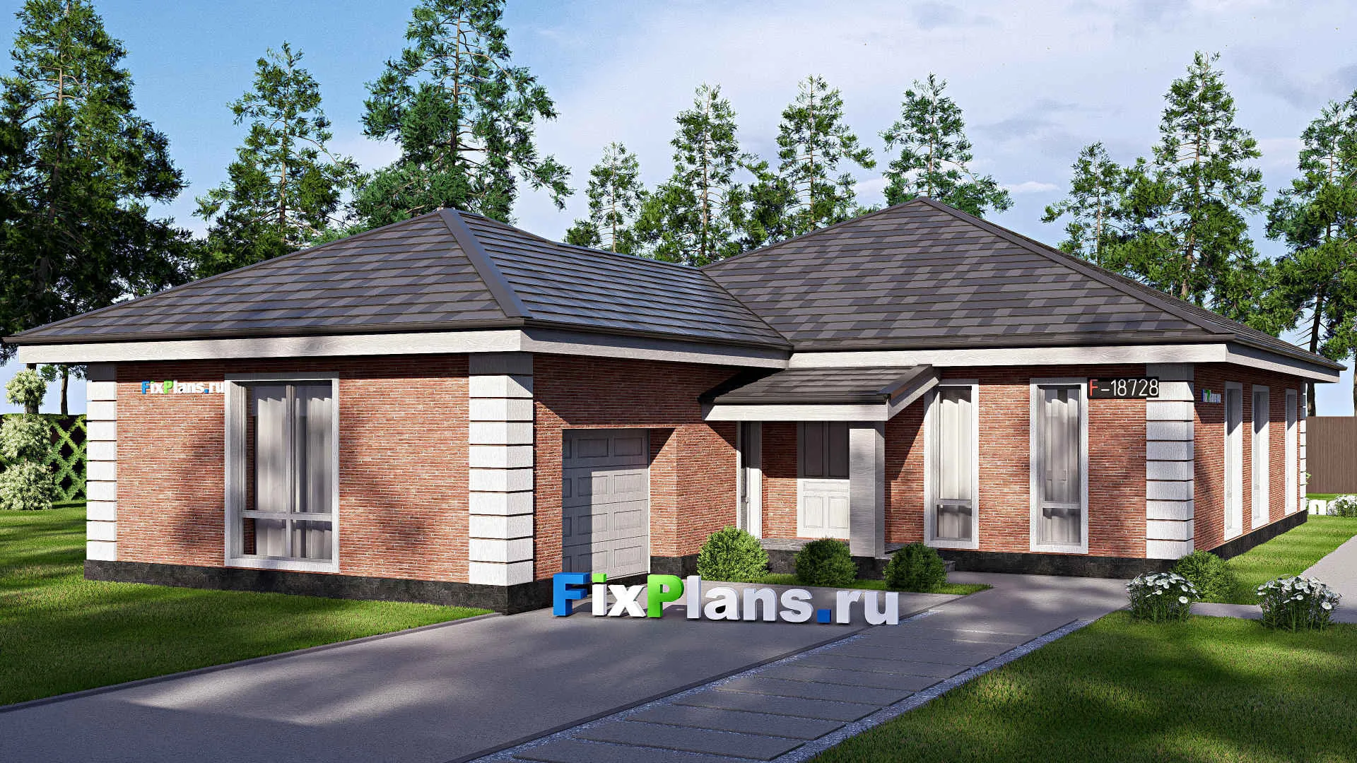 F-18728 - Проект одноэтажного дома 14 на 24, площадью 200 м² с террасой, гаражом на 2 машины и 3 спальнями