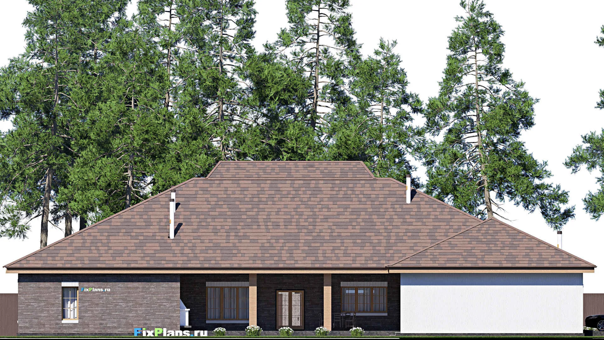 F-19925 - Проект одноэтажного дома 31 на 31, площадью 470 м² с террасой, гаражом на 2 машины и 4 спальнями