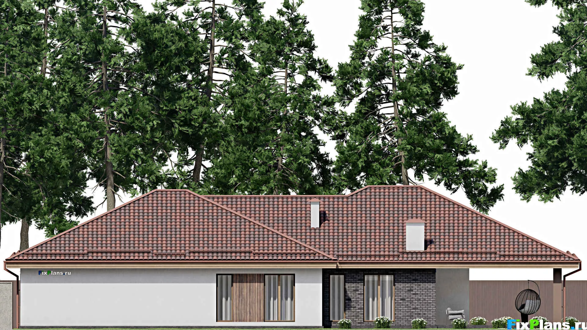 F-8441 - План одноэтажного дома 15 на 26, площадью 300 м² с террасой и 4 спальнями