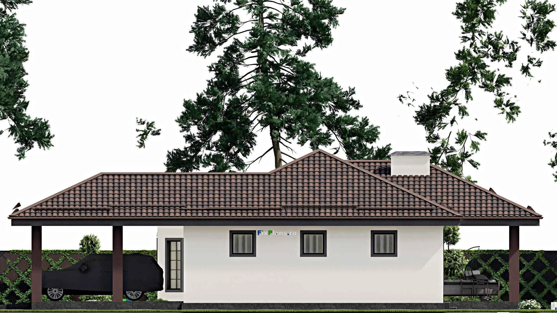 F-12077 - Проект одноэтажного дома 20 на 20, площадью 220 м² с террасой, гаражом на 2 машины и 2 спальнями