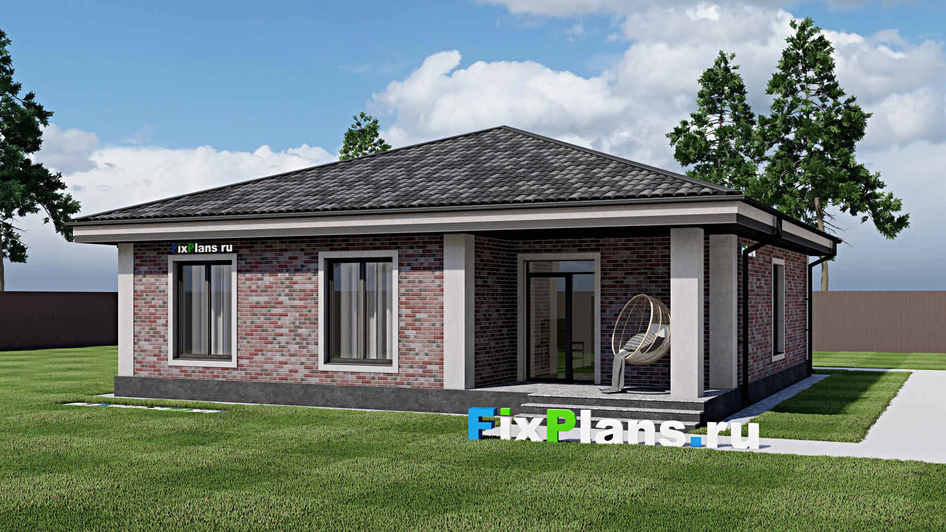 F-1862 - Проект одноэтажного дома 13 на 13, площадью 130 м² с террасой и 3 спальнями