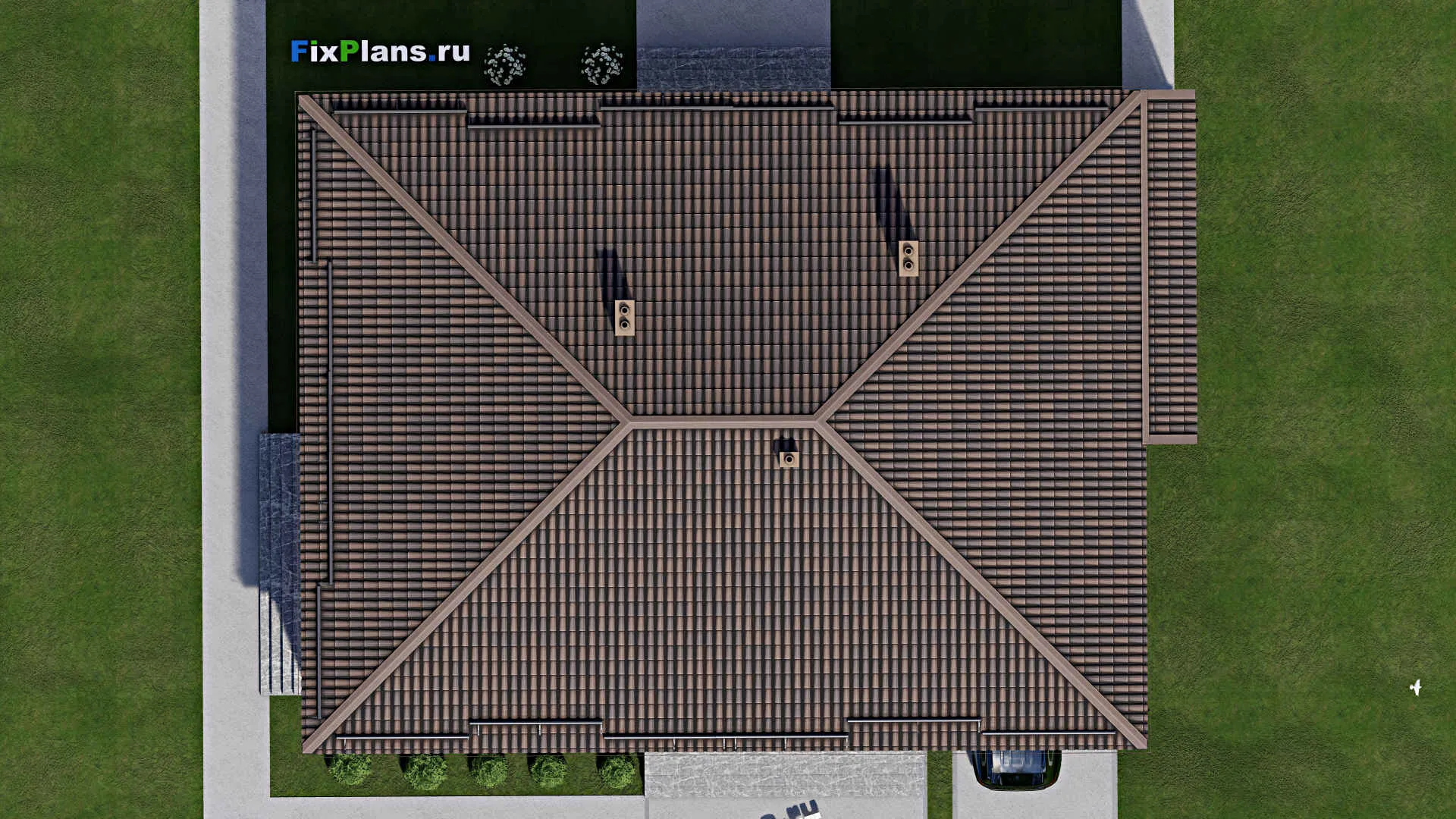 F-8243 - План одноэтажного дома 14 на 20, площадью 290 м² с террасой, цокольным этажом, гаражом на 1 машину и 3 спальнями