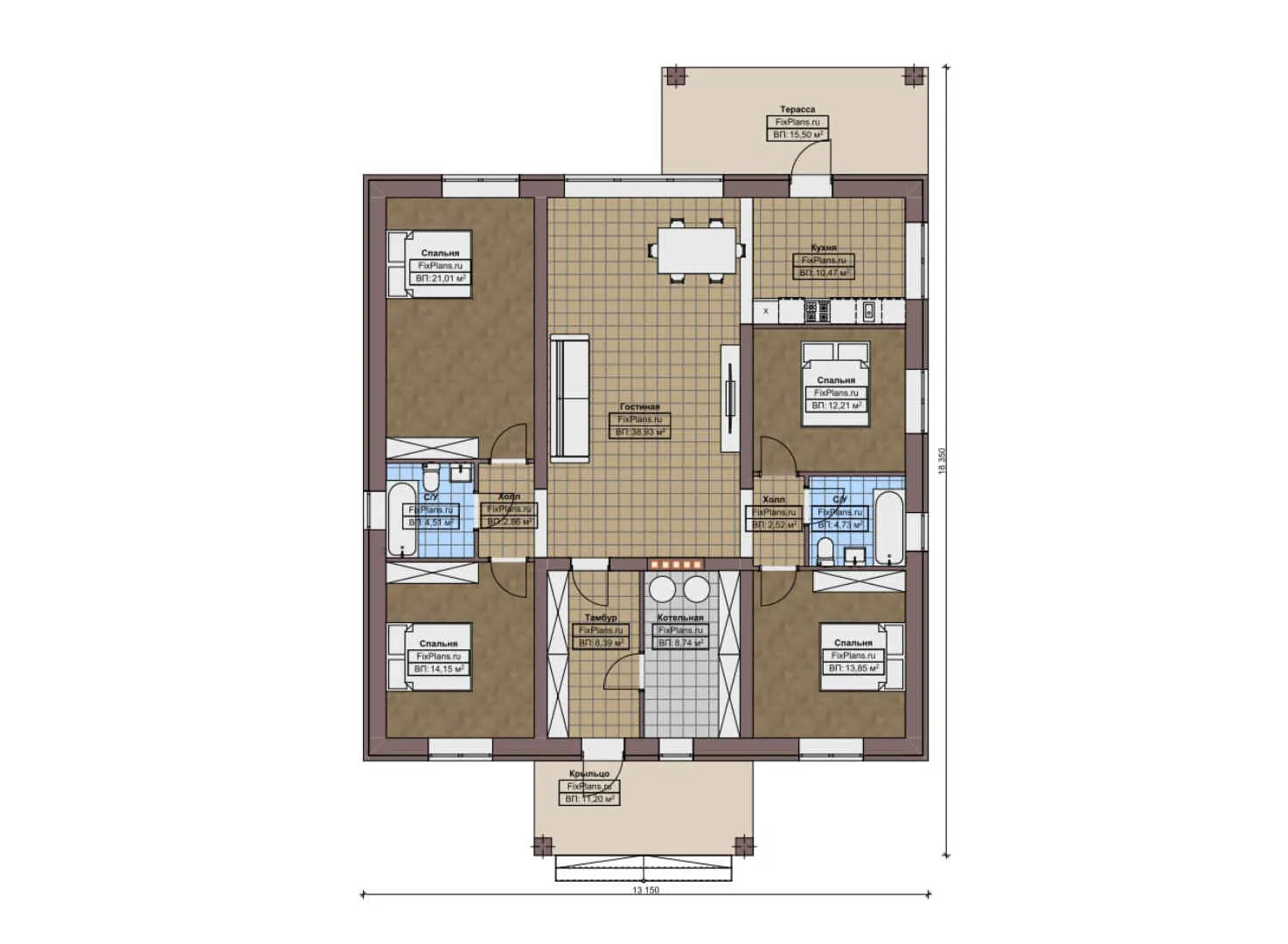 F-5246 - План одноэтажного дома 14 на 19, площадью 170 м² с террасой и 4 спальнями