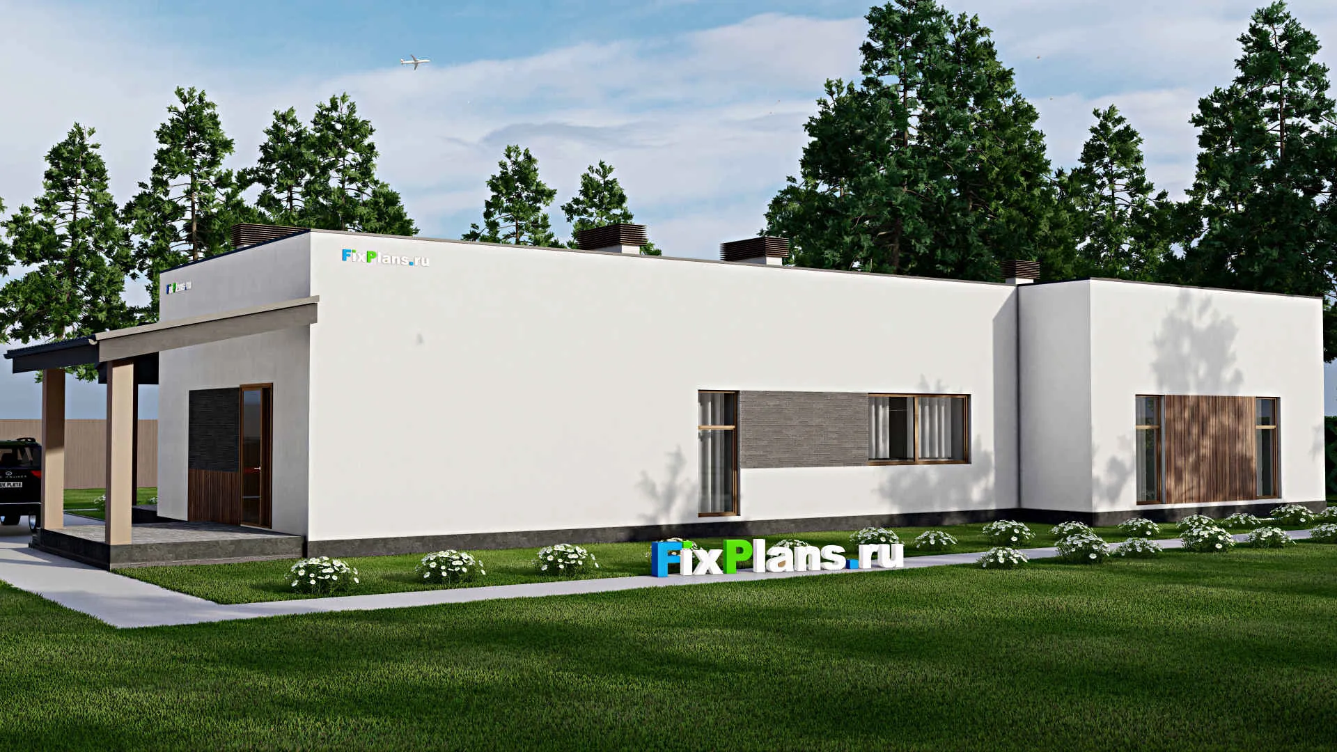 F-9485 - План одноэтажного дома 14 на 29, площадью 260 м² с террасой, баней и 3 спальнями