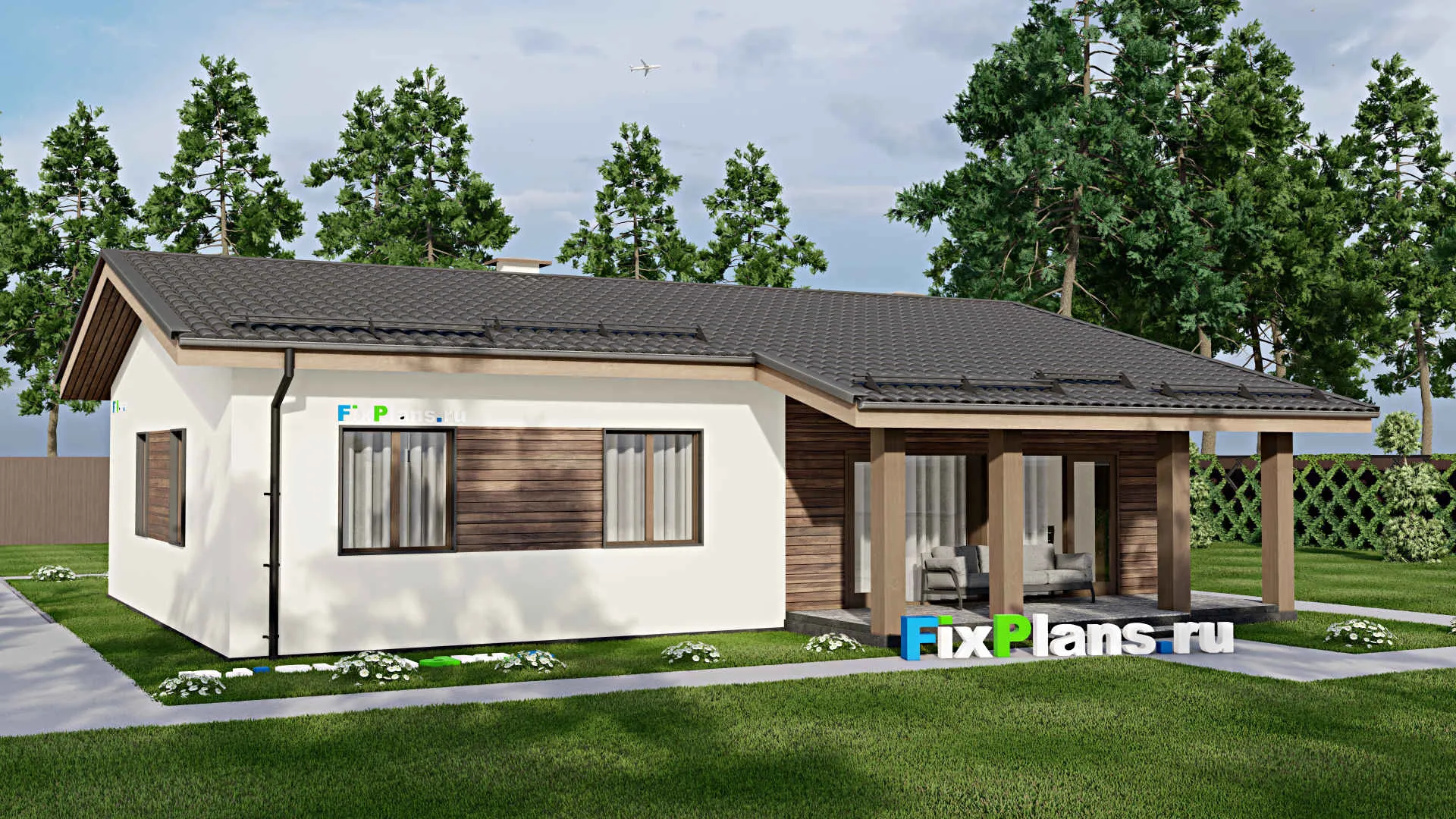 F-4544 - План одноэтажного дома 10 на 14, площадью 140 м² с террасой и 3 спальнями