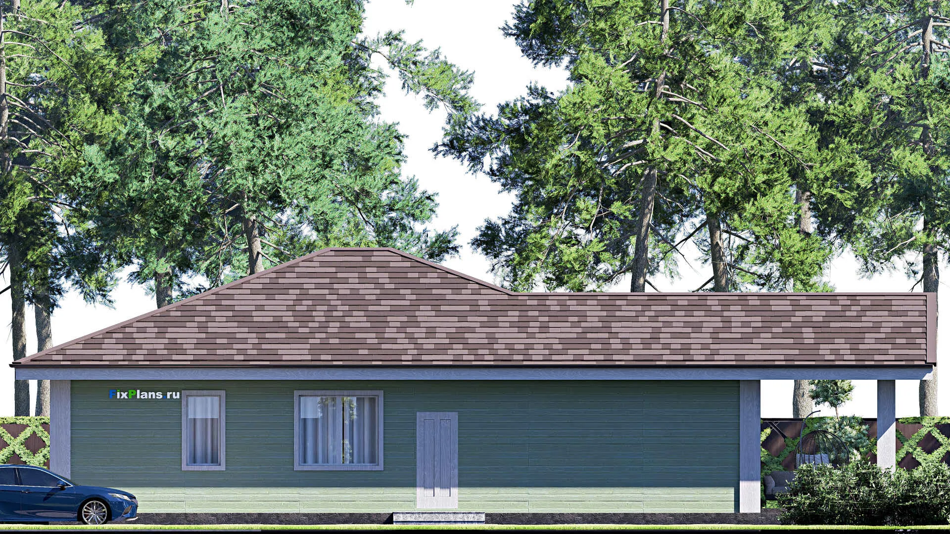 F-18440 - План одноэтажного дома 13 на 19, площадью 170 м² с террасой и 3 спальнями