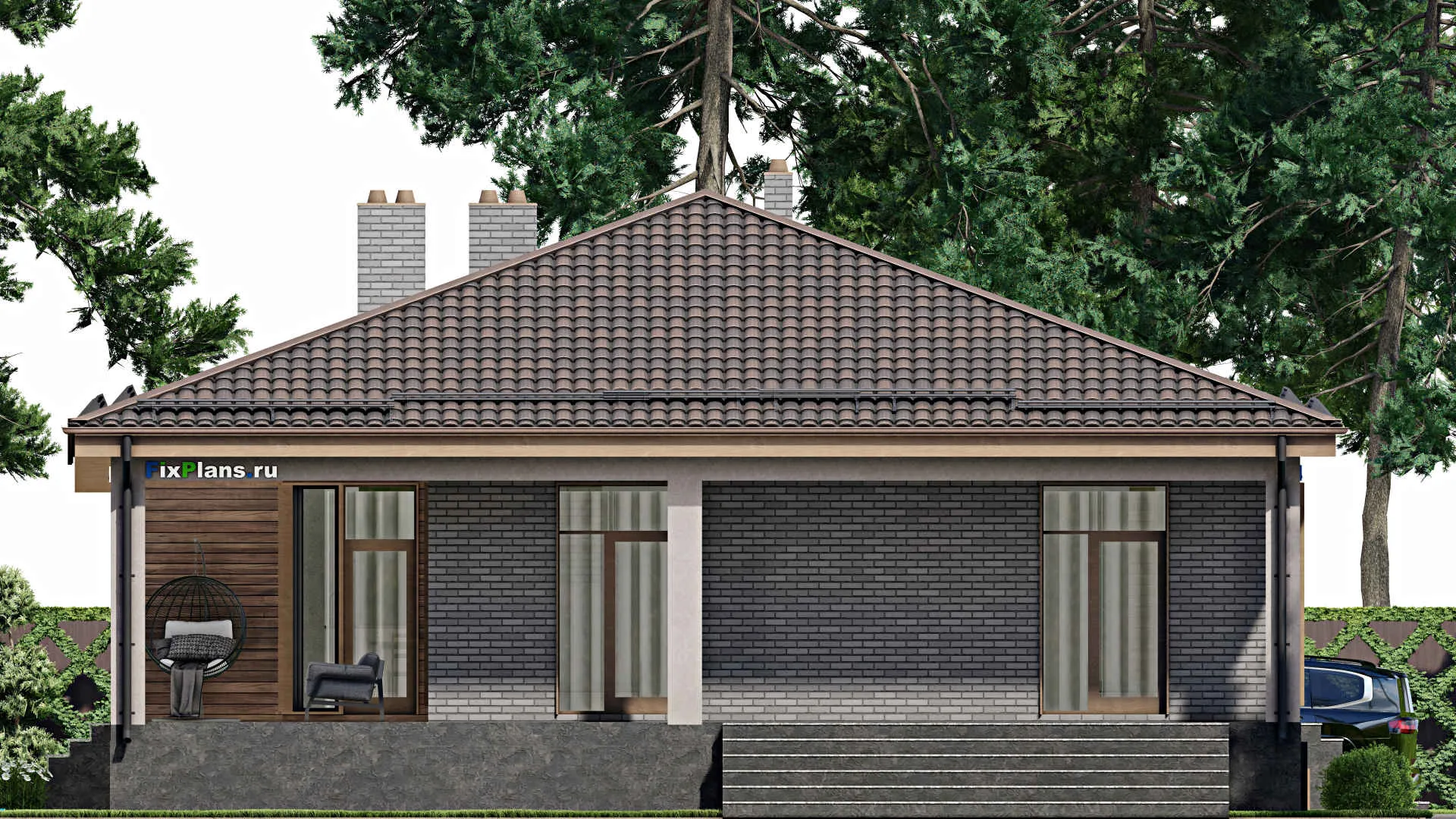 F-8243 - План одноэтажного дома 14 на 20, площадью 290 м² с террасой, цокольным этажом, гаражом на 1 машину и 3 спальнями