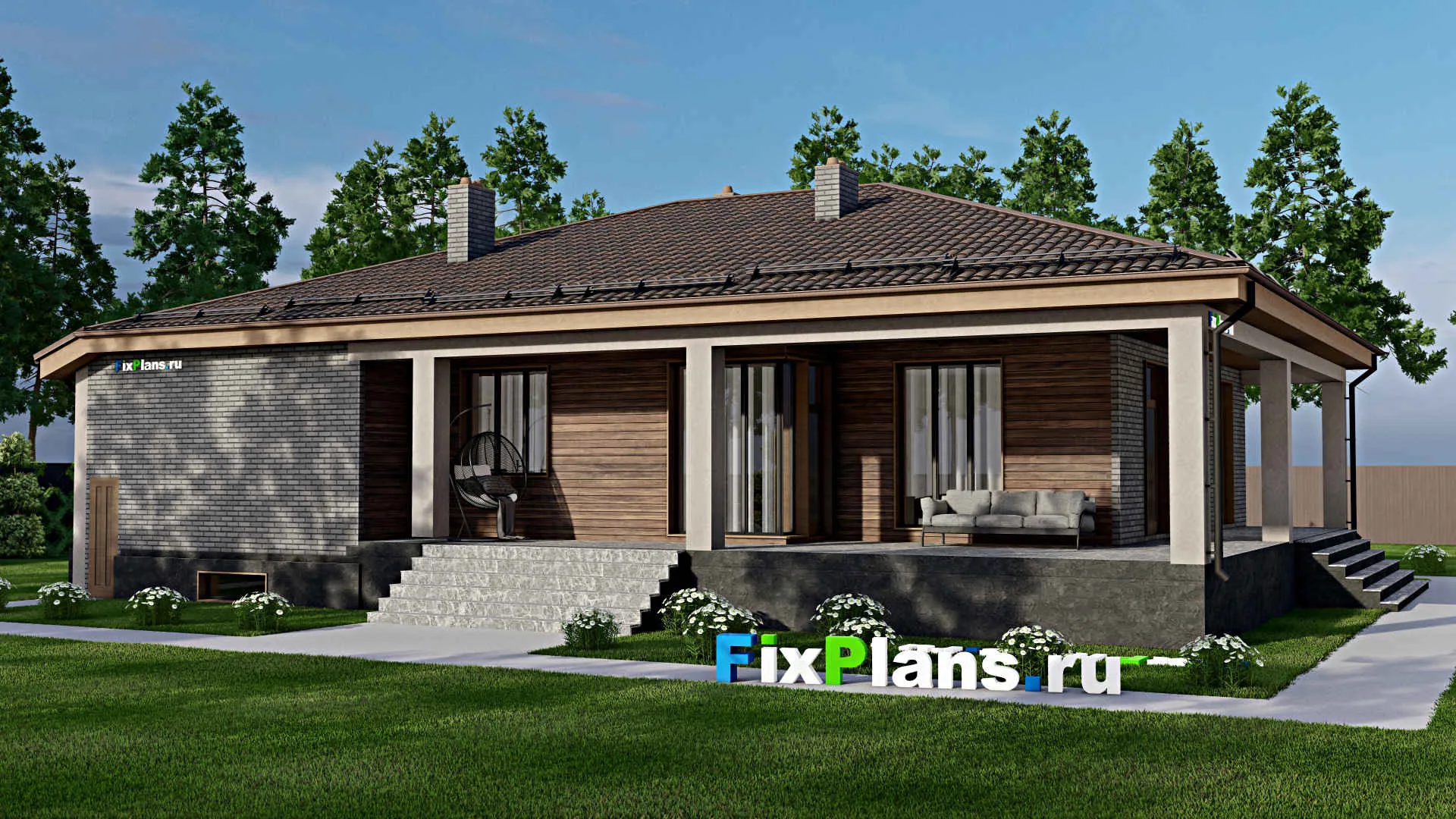 F-8243 - План одноэтажного дома 14 на 20, площадью 290 м² с террасой, цокольным этажом, гаражом на 1 машину и 3 спальнями