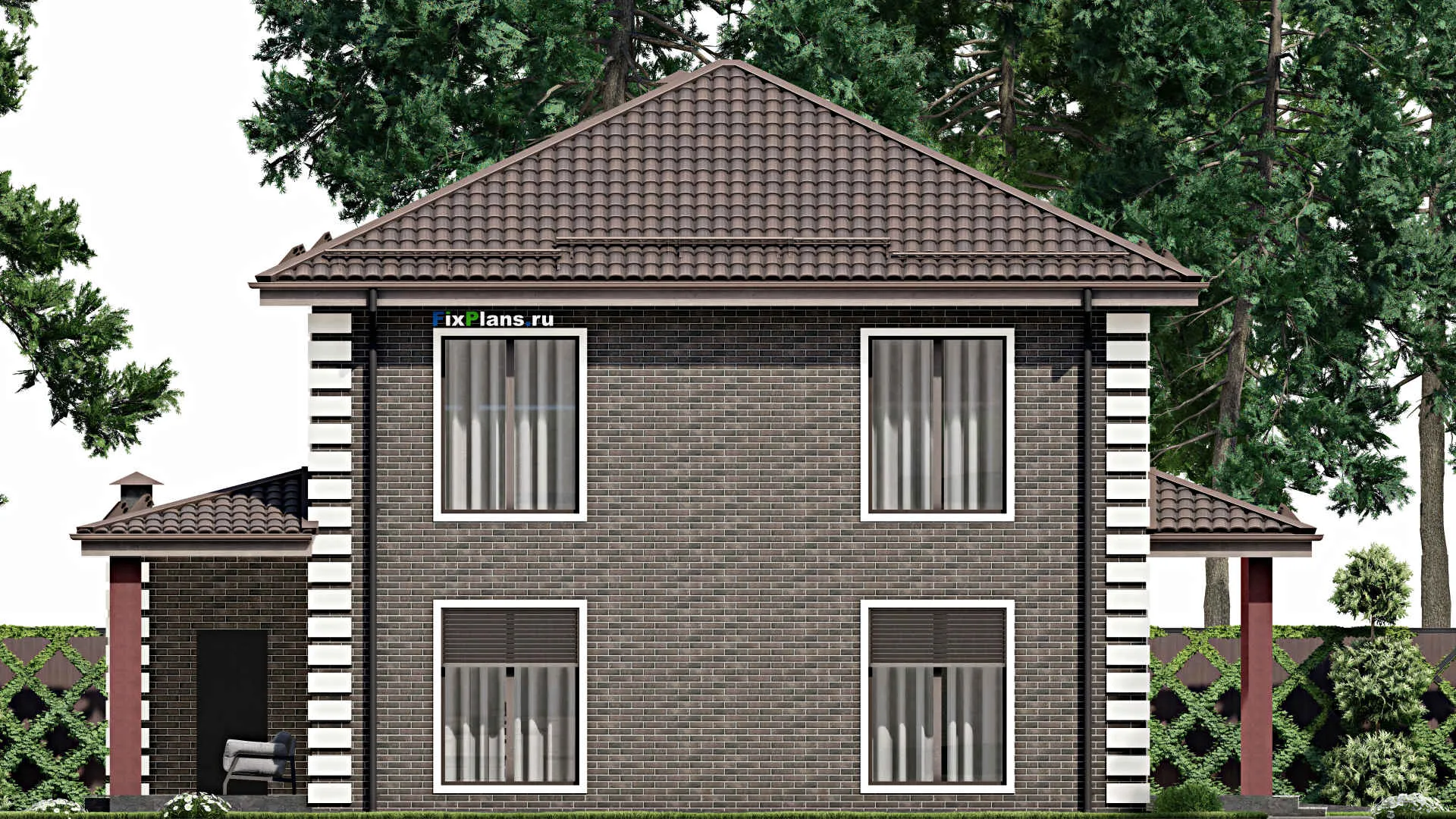 F-7199 - Проект двухэтажного дома 15 на 15, площадью 240 м² с террасой, гаражом на 1 машину и 4 спальнями