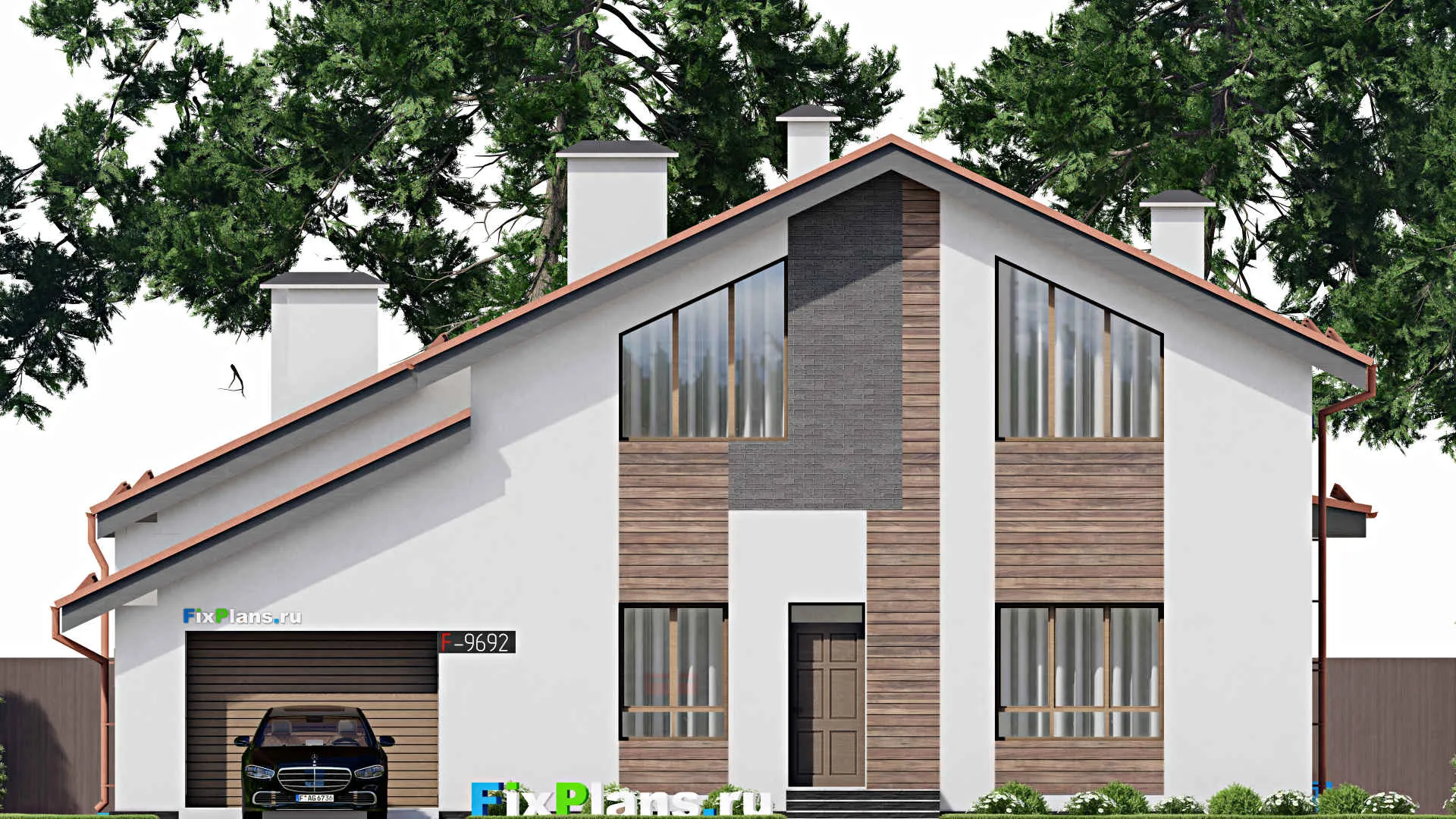 F-9692 - Проект дома с мансардой 16 на 18, площадью 300 м² с террасой, баней, гаражом на 1 машину и 4 спальнями