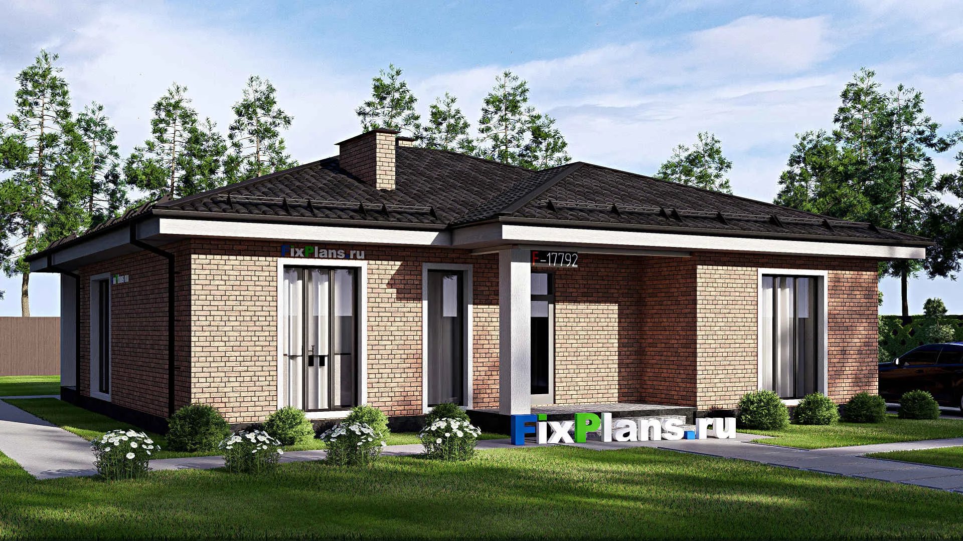 F-17792 - Проект одноэтажного дома 15 на 15, площадью 160 м² с террасой и 3 спальнями