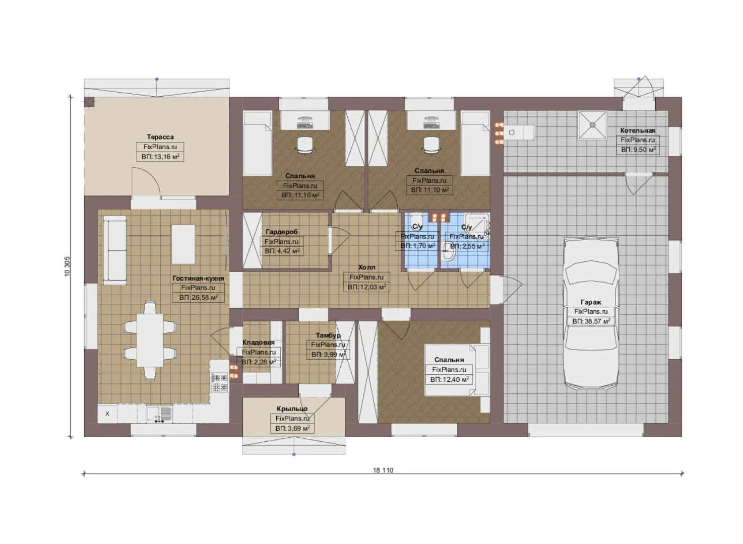 F-17909 - План одноэтажного дома 11 на 19, площадью 160 м² с террасой, гаражом на 2 машины и 3 спальнями
