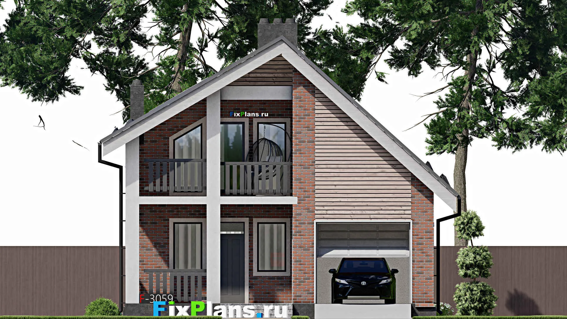 F-3059 - Проект дома с мансардой 9 на 14, площадью 150 м² с балконом, гаражом на 1 машину и 3 спальнями