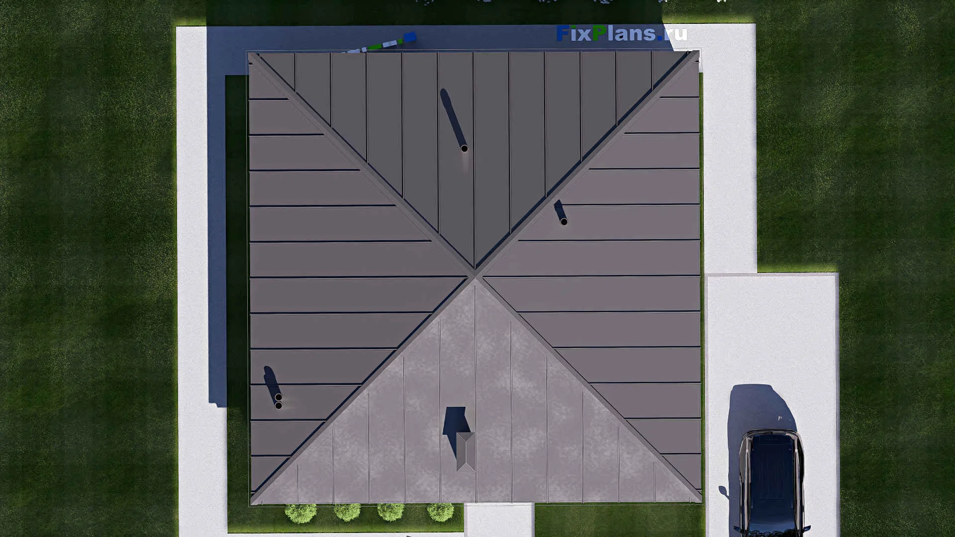 F-20267 - План одноэтажного дома 13 на 13, площадью 130 м² с террасой и 3 спальнями