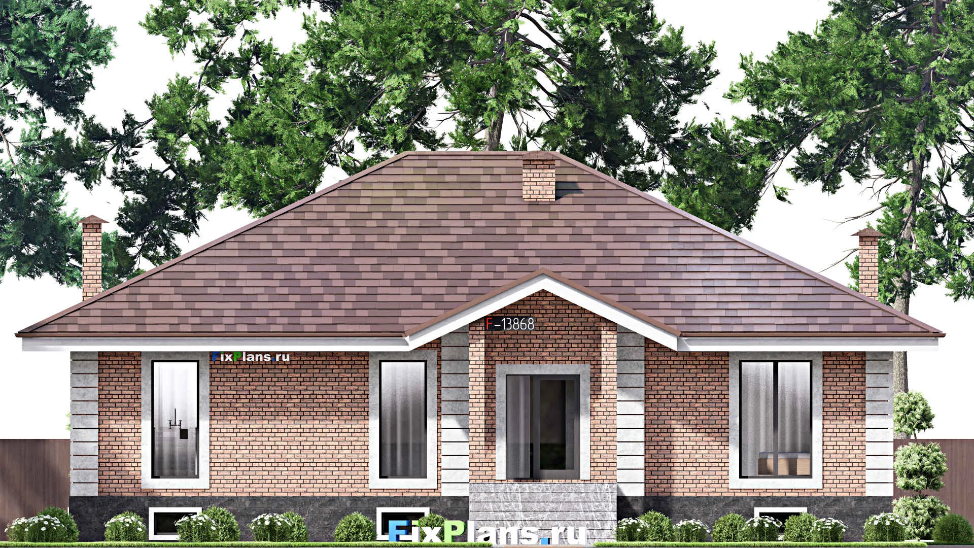 F-13868 - План одноэтажного дома 15 на 17, площадью 290 м² с террасой, цокольным этажом и 3 спальнями