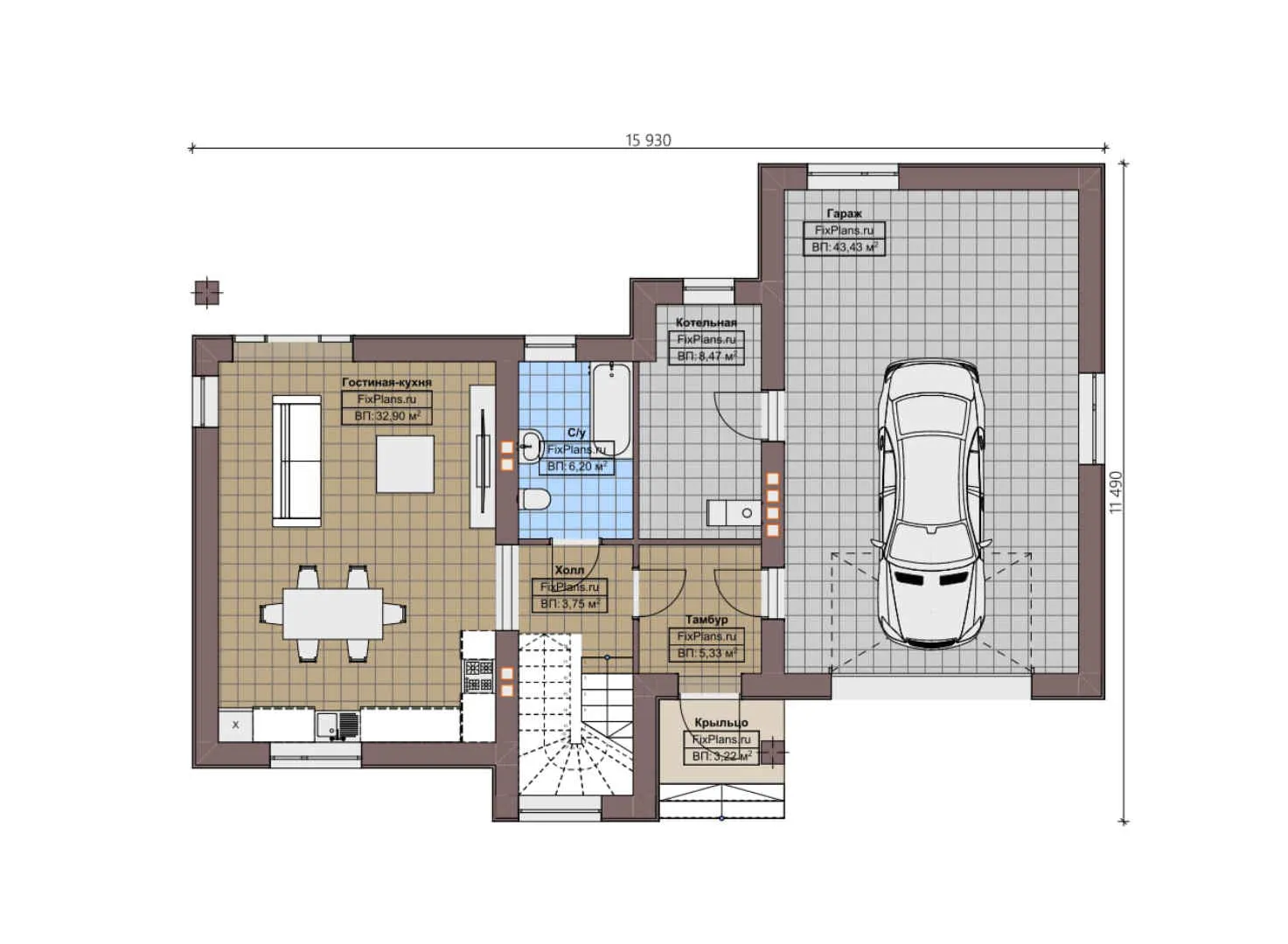 F-2969 - Планы двухэтажного дома 12 на 16, площадью 220 м² с террасой, гаражом на 2 машины и 3 спальнями