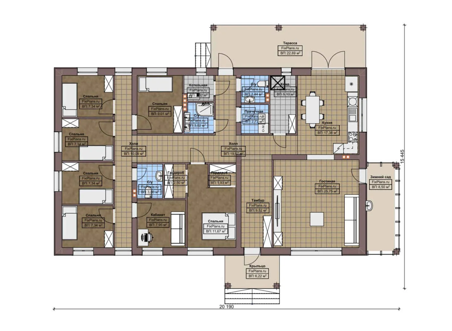 F-8450 - План одноэтажного дома 16 на 21, площадью 210 м² с террасой и 6 спальнями